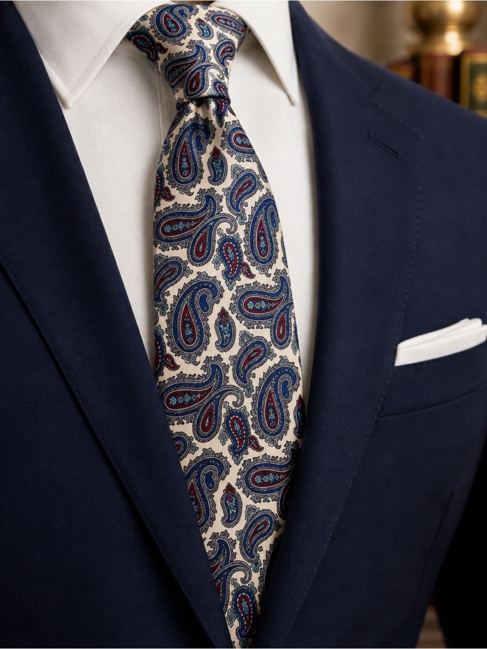 Don Loper Beverly Hills Italian Silk Paisley Tie Cream Blue Red Classic